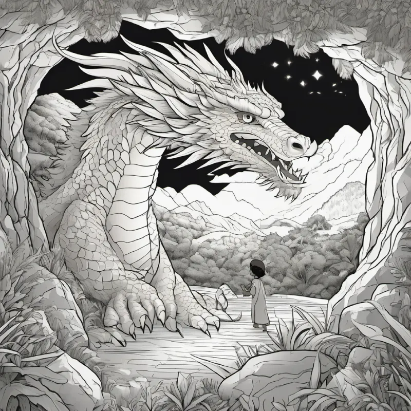 tan skin, brown eyes, black hair reaches for treasure, dragon opens eye, cave