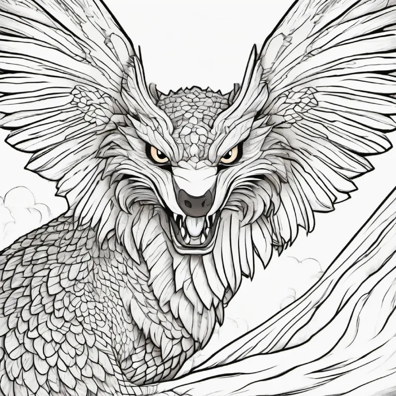 scaly, huge wings, fierce eyes roars at tan skin, brown eyes, black hair, cave