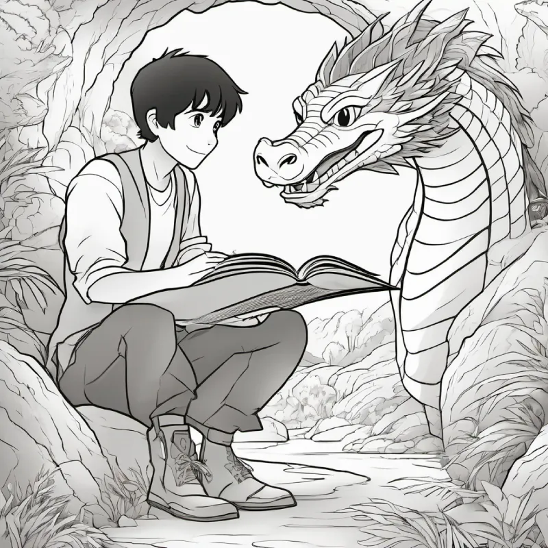 tan skin, brown eyes, black hair explains calmly, dragon listens, cave