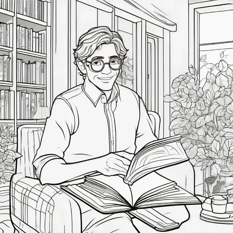 tan skin, brown eyes, black hair runs inside, wrinkled skin, blue eyes, gray hair reading, living room