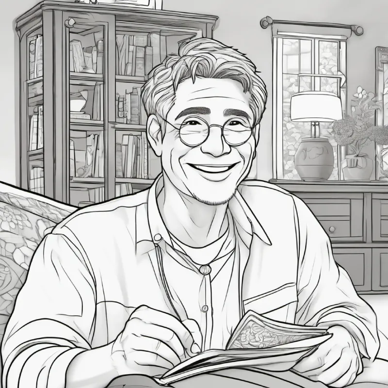 tan skin, brown eyes, black hair shows coin, wrinkled skin, blue eyes, gray hair smiles, living room