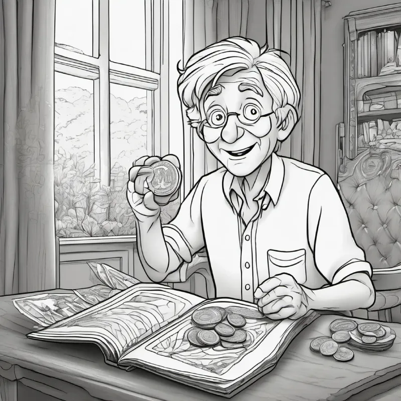 wrinkled skin, blue eyes, gray hair examines coin, looks surprised, living room