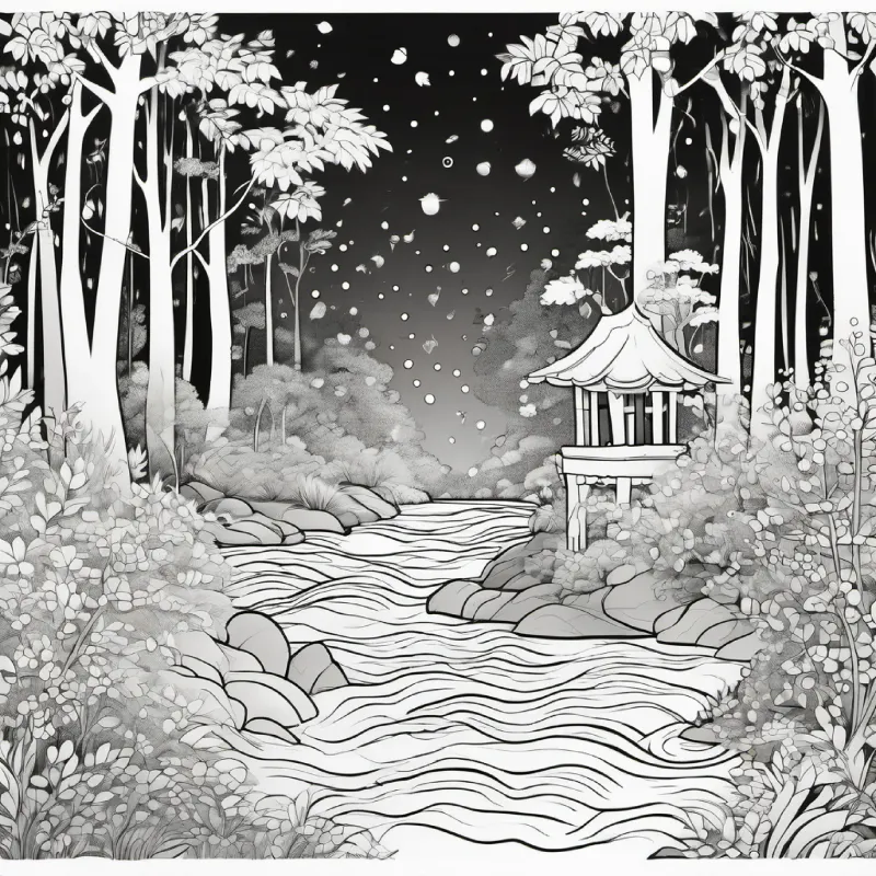 Mysterious forest, sparkling leaves, flowing water sound