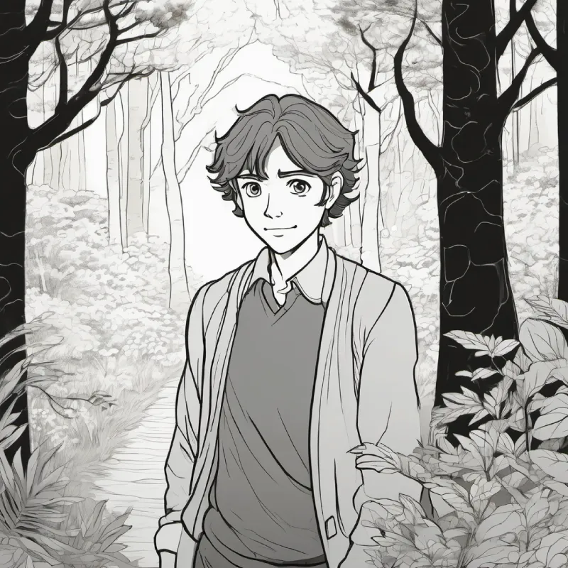 tan skin, brown eyes, black hair whispers to wrinkled skin, blue eyes, gray hair, walking cautiously, mysterious forest