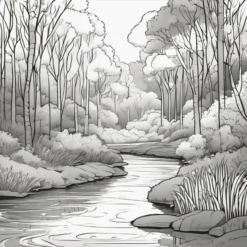 Finds magical river, shimmering water, mysterious forest
