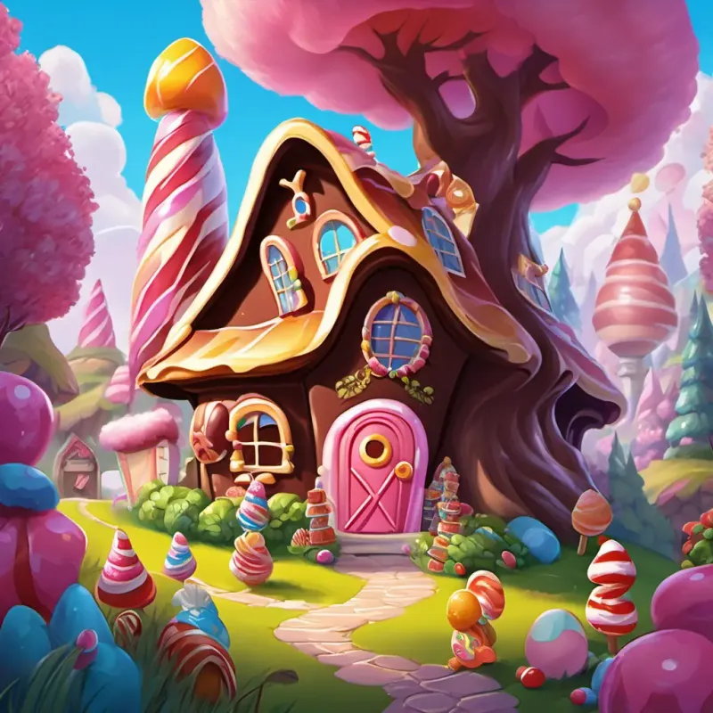The Candyland Adventure takes place in a land made entirely of candy. There is a cozy chocolate house surrounded by lollipop trees and a river of flowing chocolate. The main characters are Rosie the Rabbit with fluffy pink fur and Benny the Bear who is big and brown. They embark on a journey through the Peppermint Forest, Gumdrop Mountains, and eventually find themselves in the Chocolate Palace, where they save the Candy Crown from an evil wizard.