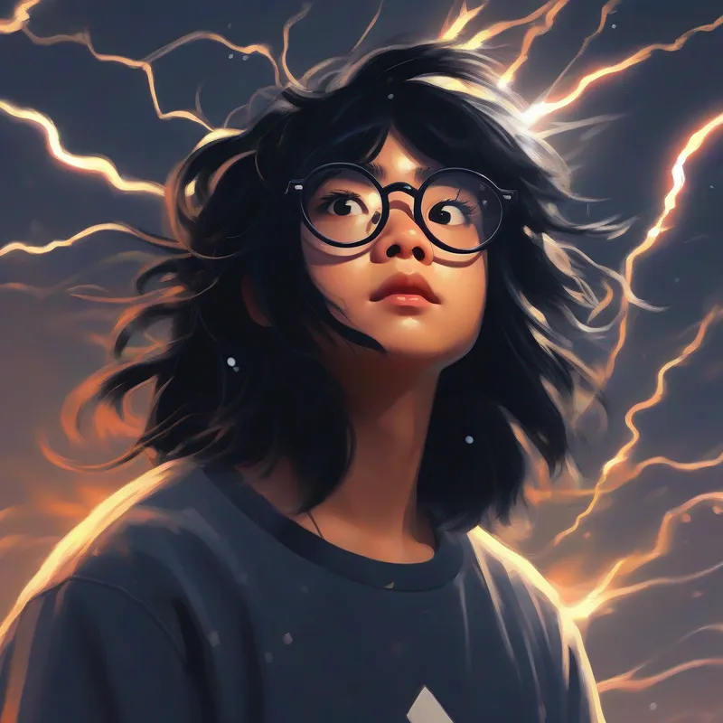 messy black hair, round glasses, lightning-shaped scar on forehead with messy black hair and round glasses