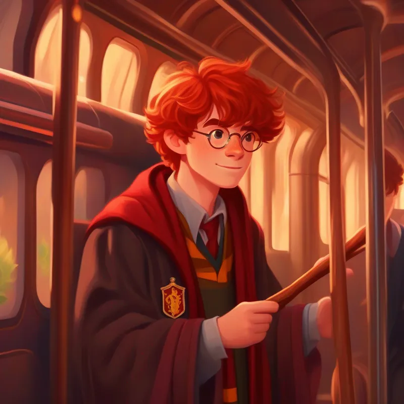 Harry, red hair, freckles, Gryffindor robe, wand, and bushy brown hair, Gryffindor robe, book, wand boarding the Hogwarts Express