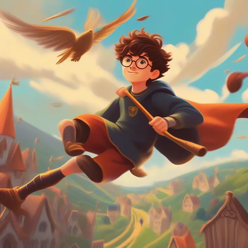 Harry flying on a broomstick during a Quidditch match