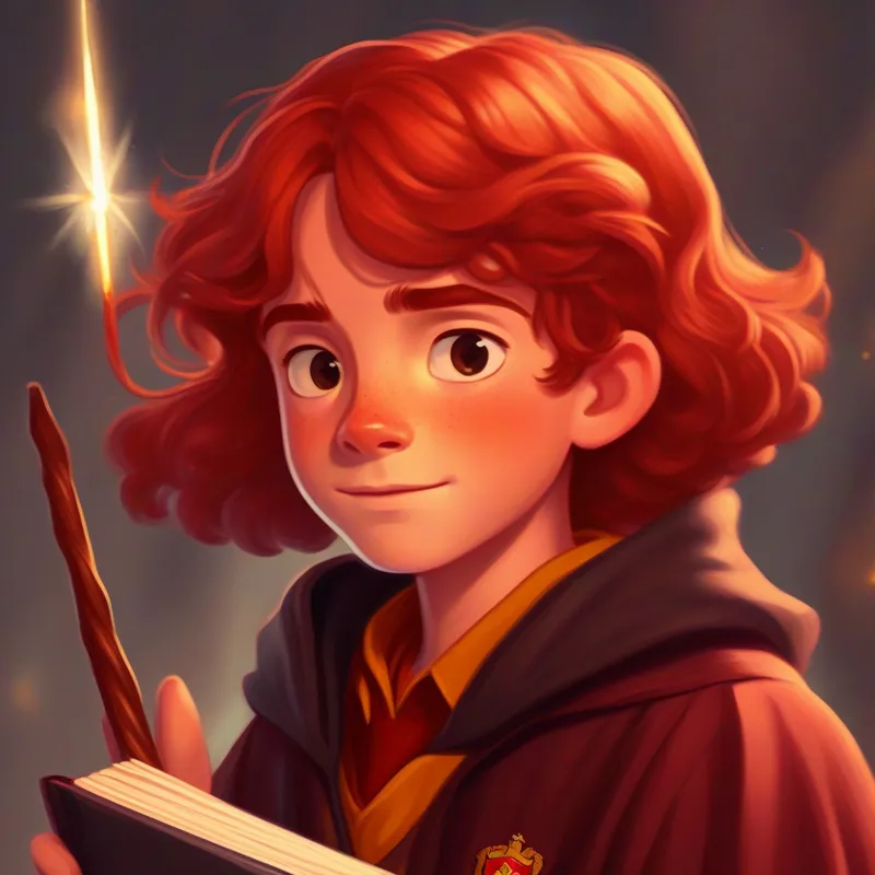 Harry, red hair, freckles, Gryffindor robe, wand, and bushy brown hair, Gryffindor robe, book, wand facing challenges at Hogwarts