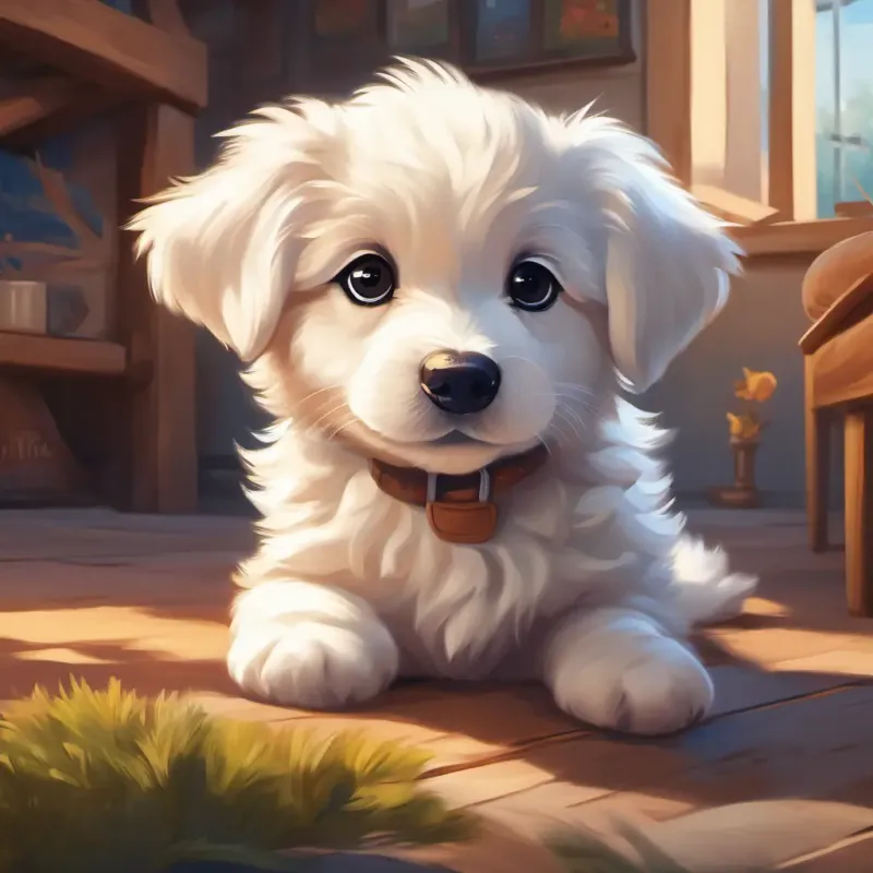 Introducing Fluffy white puppy with big brown eyes, always wagging his tail the puppy, inside a cozy house, setting the story