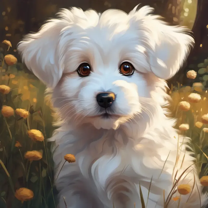 Describing Fluffy white puppy with big brown eyes, always wagging his tail' playful nature and favorite activities