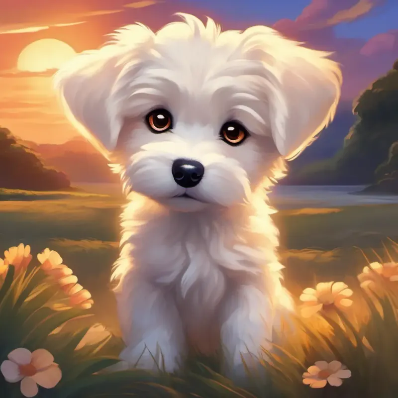 Sunset setting in, Fluffy white puppy with big brown eyes, always wagging his tail realizing it's bedtime