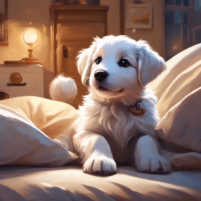 Fluffy white puppy with big brown eyes, always wagging his tail getting ready for bed on his fluffy bed, with a hug from his human friend