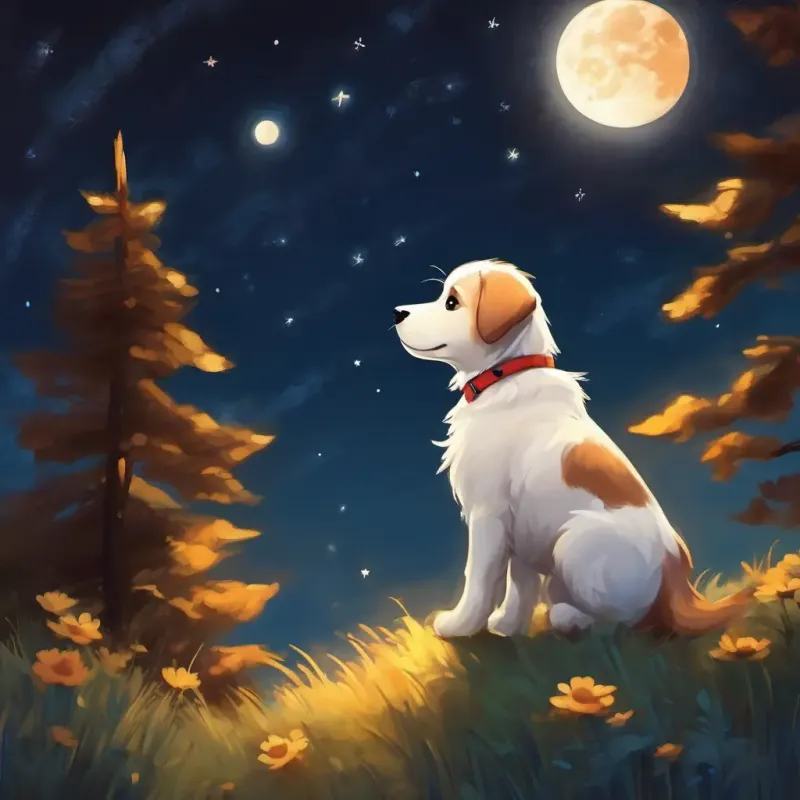 Puppy staring at the moon, saying goodnight to the stars, falling asleep
