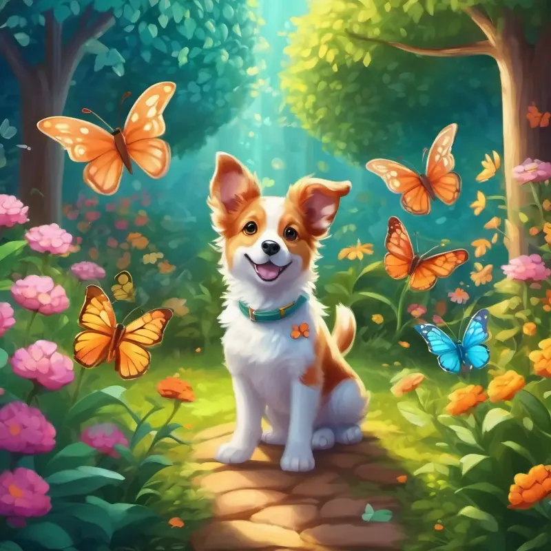 Puppy's dream setting: a magical garden, with playful butterflies