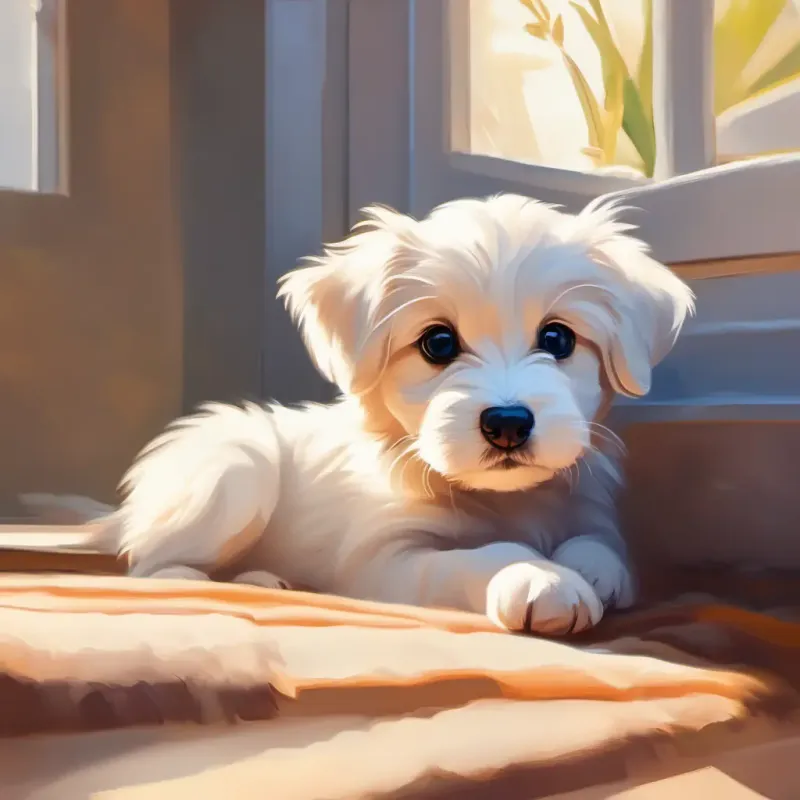 Fluffy white puppy with big brown eyes, always wagging his tail waking up to the morning sun, feeling energized and ready for a new day