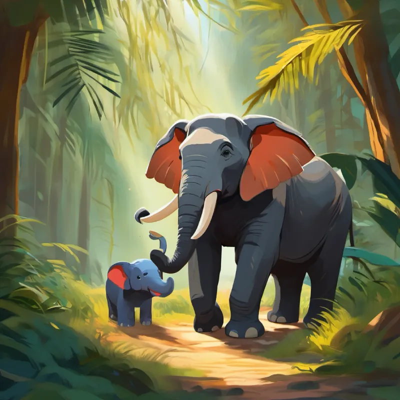 Lille, nysgerrig jungledyr med en brun pels og store øjne finder Stor, venlig elefant med grå hud og et stort smil ved floden, vandlege.