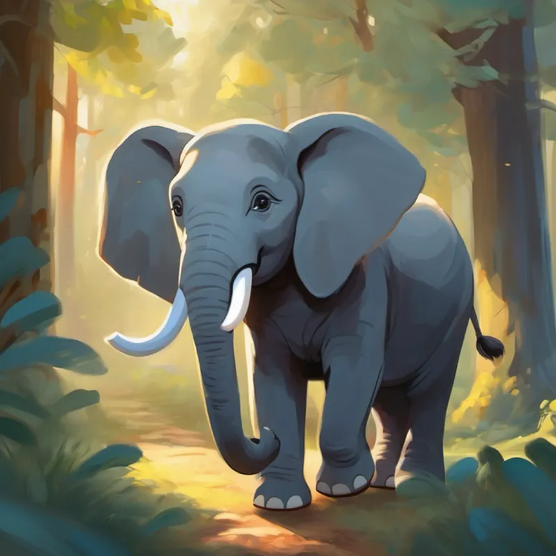 Stor, venlig elefant med grå hud og et stort smil foreslår skattejagt, eventyret starter.