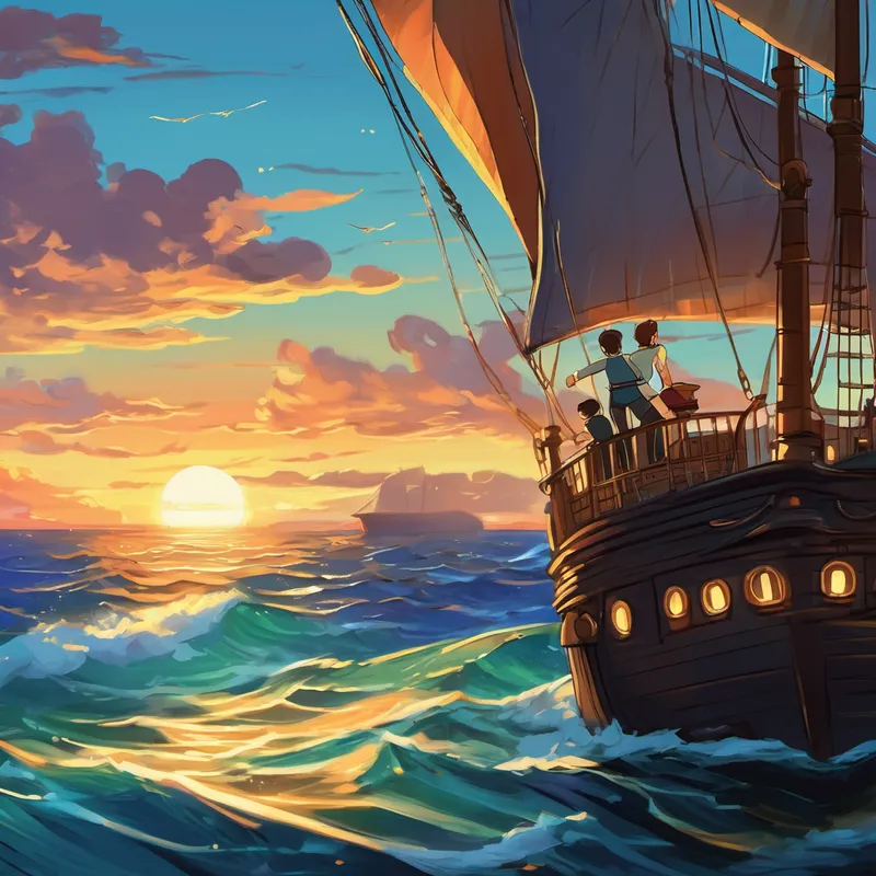 As the ship set sail, Lily and Jack couldn't help but be amazed by the breathtaking sight of the endless ocean. They held their breath in awe as the ship glided gracefully through the waves, leaving the town far behind. Days turned into nights, and nights turned into days as the ship sailed on. Lily and Jack explored every nook and cranny of the ship, always careful not to be spotted by the crew. They searched high and low, imagining the hidden treasures waiting to be found.