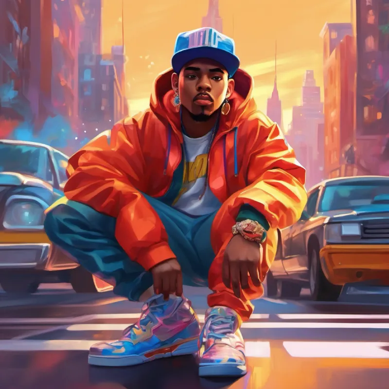 Introducing Young, vibrant, dressed like a rapper with cool hats and shiny shoes in New York, dressed like his favorite rap stars.