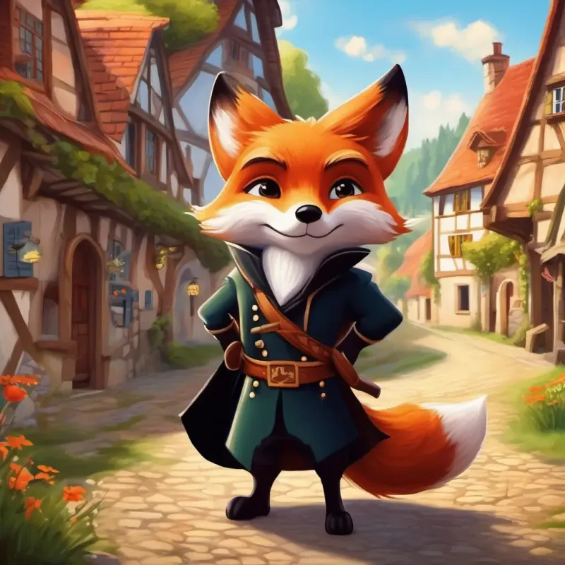 Pequeño zorro con pelaje rojizo y ojos curiosos, young fox in a quaint German village.