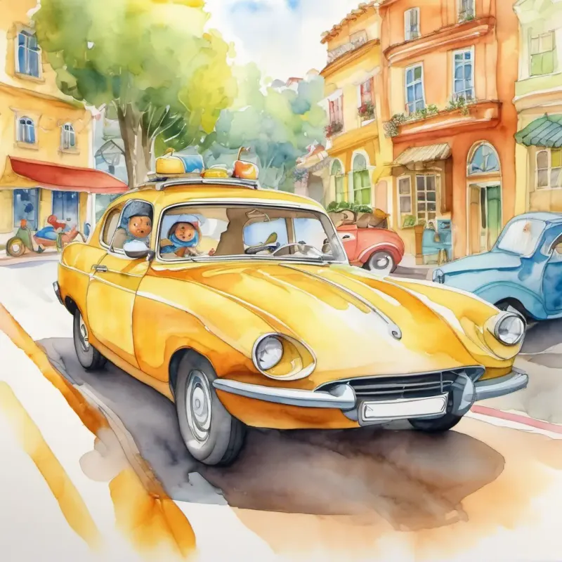 A picture of Car, a golden car with a big smile, driving on a sunny road with happy animals and other colorful cars.