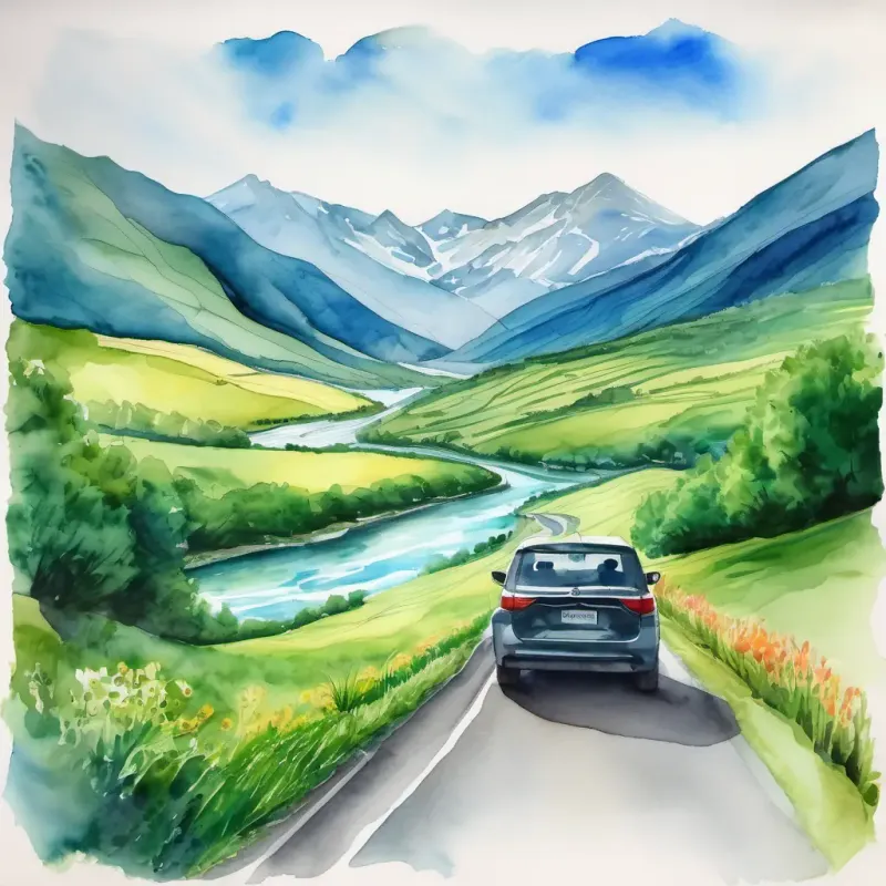 A picture of Car driving through beautiful scenery with green fields, mountains, and a blue river.