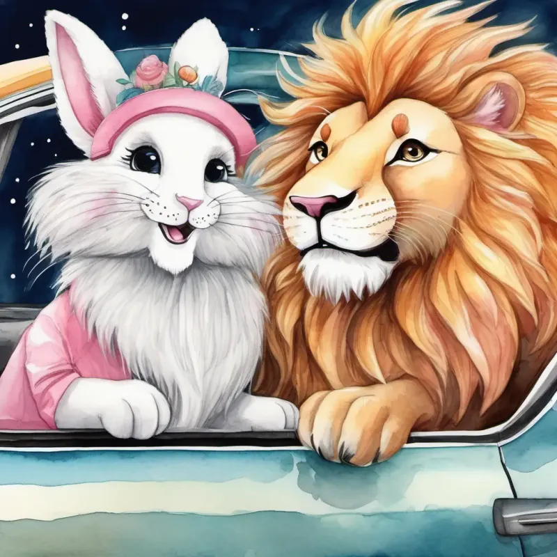A picture of Car, A cute bunny with white fur and pink ears, and A friendly lion with golden fur and a big mane smiling and driving together.