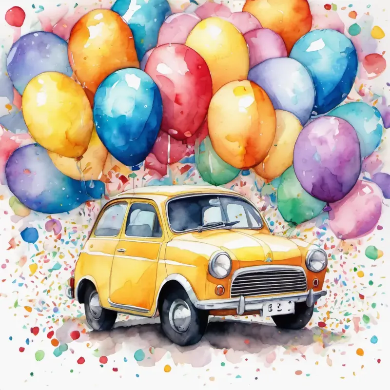 A picture of Car, Benny, and Lily smiling and hugging each other, surrounded by confetti and colorful balloons.