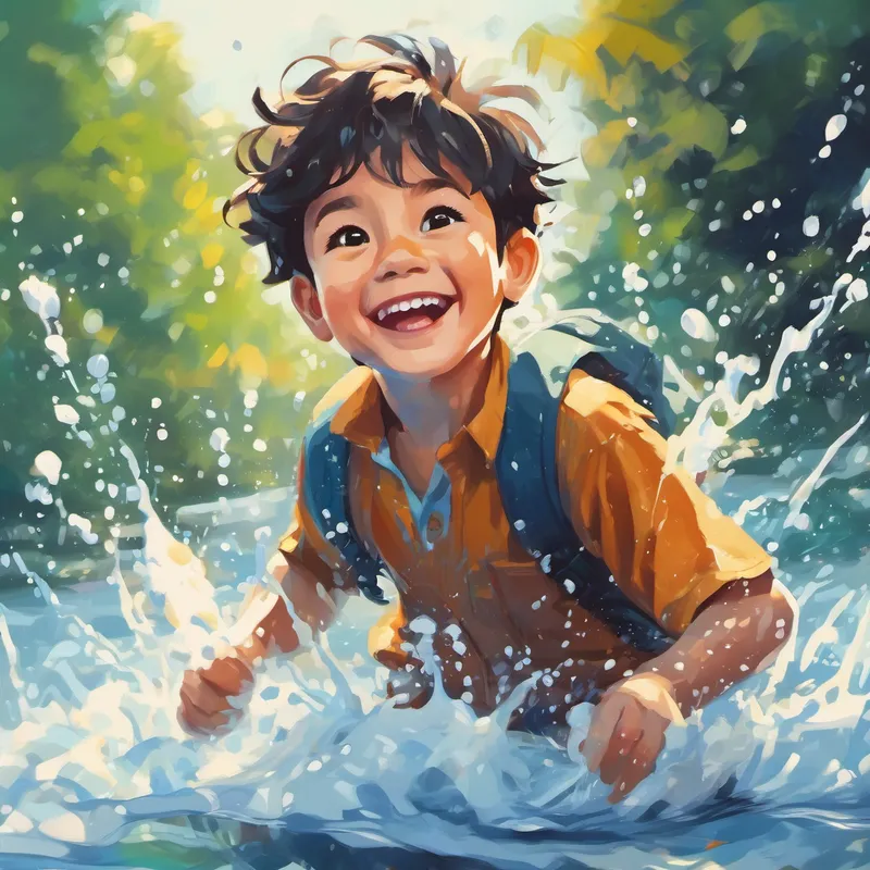 A boy smiling and splashing in water