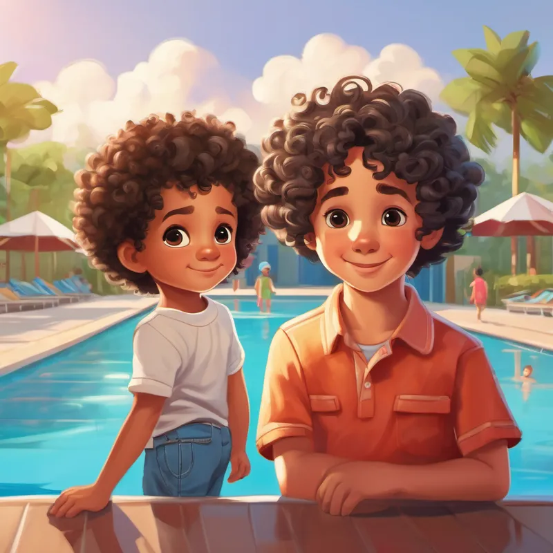 A 3-year-old biracial white boy with curly hair. at the pool with his parents