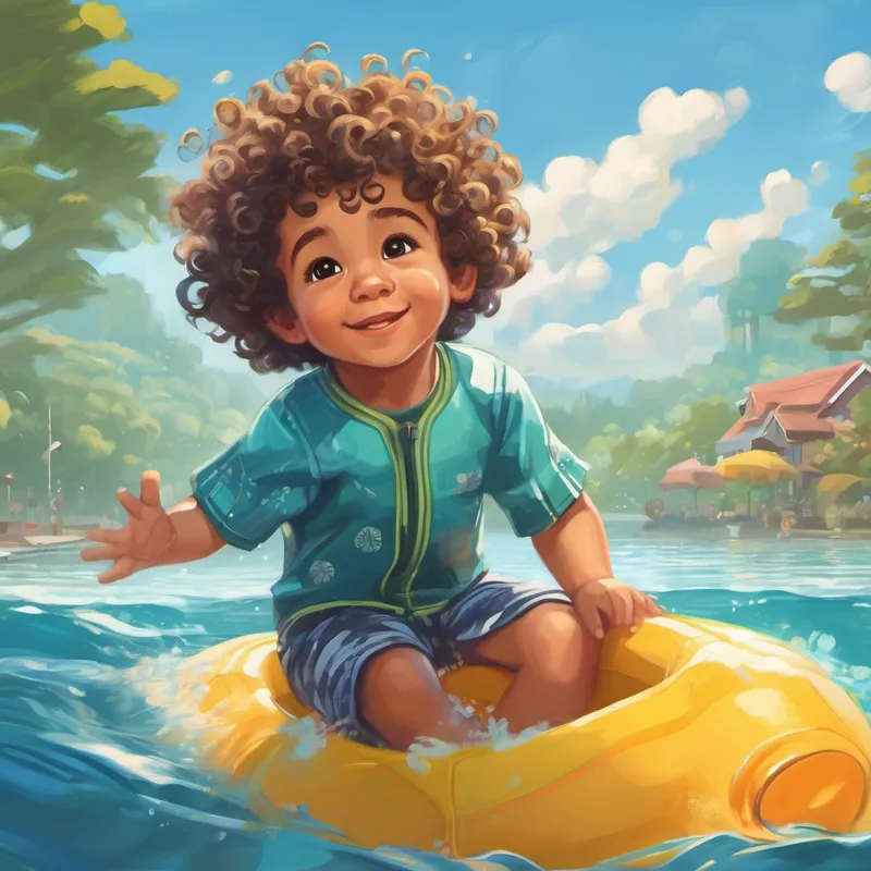 A 3-year-old biracial white boy with curly hair. swimming with the help of his parents