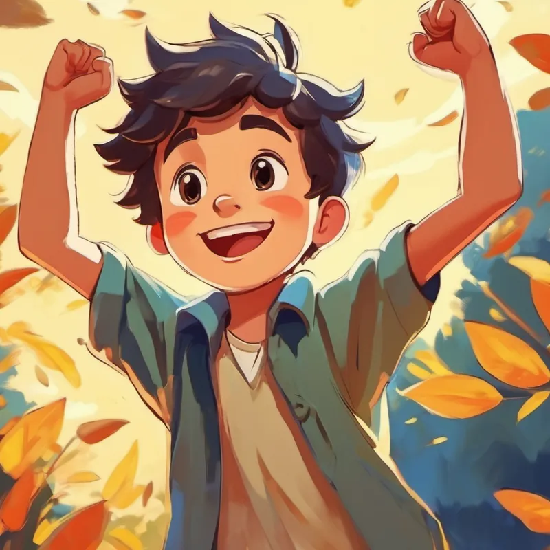 A happy boy with arms raised in victory