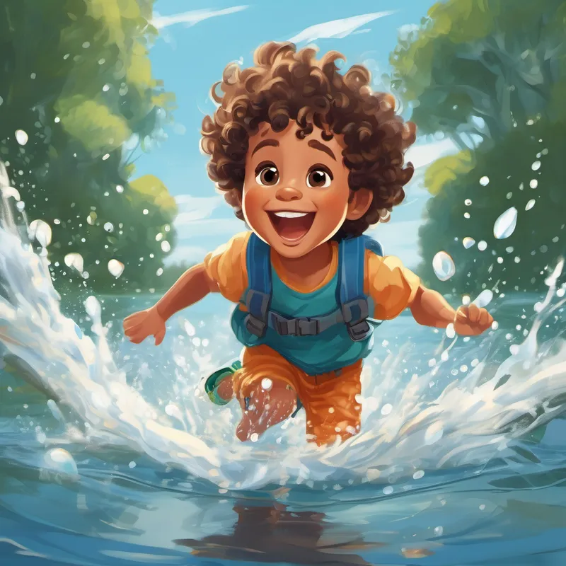 A 3-year-old biracial white boy with curly hair. happily jumping into the water