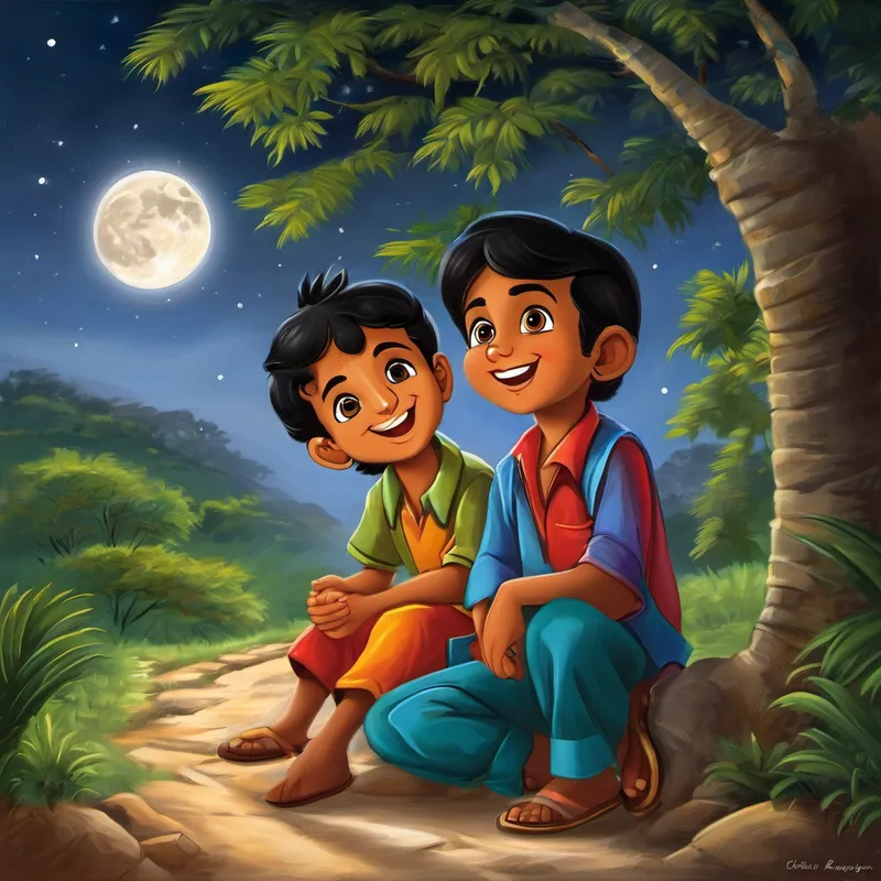 Once upon a time in a small village, there lived two best friends named Bittu and Chintu. Bittu was a curious and adventurous boy, always searching for something new and exciting. Chintu, on the other hand, was a bit more cautious and preferred to stick to familiar things. Despite their differences, they were always together, sharing laughs and creating beautiful memories. One night, as they lay under the starry sky, Bittu noticed something unusual. The moon seemed closer than usual, almost within their reach. With eyes wide open and hearts racing with excitement, Bittu turned to Chintu and said, "Chintu, my friend, let's set off on an adventure to the moon!"