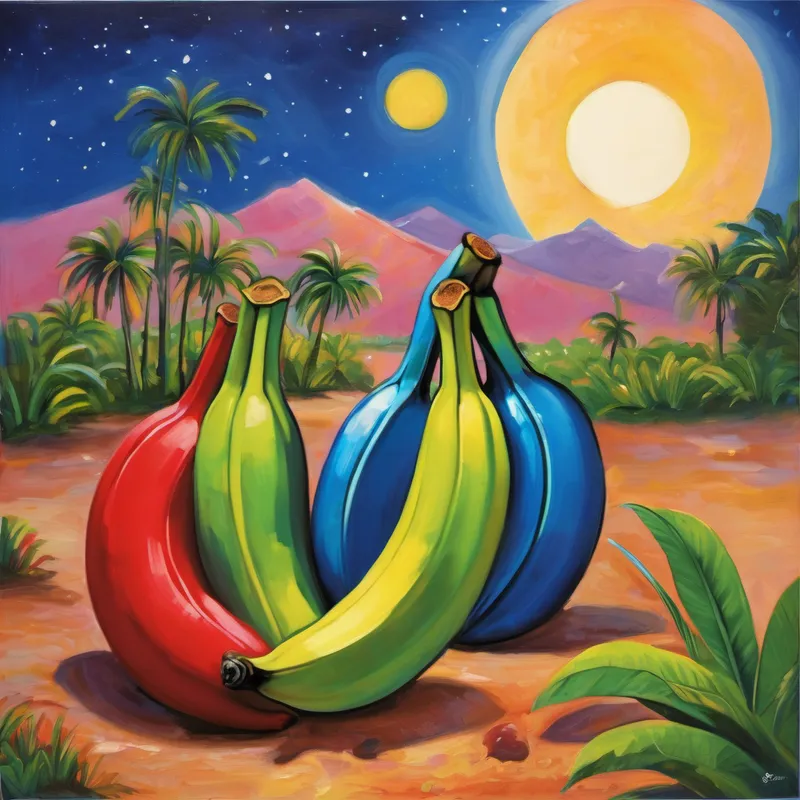 Bittu and Chintu were overjoyed to have found a friend on the moon. They eagerly listened to Polly's advice. "Blue bananas are as sweet as the sky, green bananas taste just like the fresh grass, and red bananas offer the flavor of a breathtaking sunset," Polly explained. Taking Polly's guidance to heart, Bittu and Chintu carefully plucked a bunch of blue bananas, a bunch of green bananas, and a bunch of red bananas. The friends sat down on the soft moon dust and savored the unique flavors of each banana. The blue bananas were indeed sweet like the sky, the green bananas had a refreshing taste like fresh grass, and the red bananas filled their mouths with an explosion of flavors, just like a breathtaking sunset.
