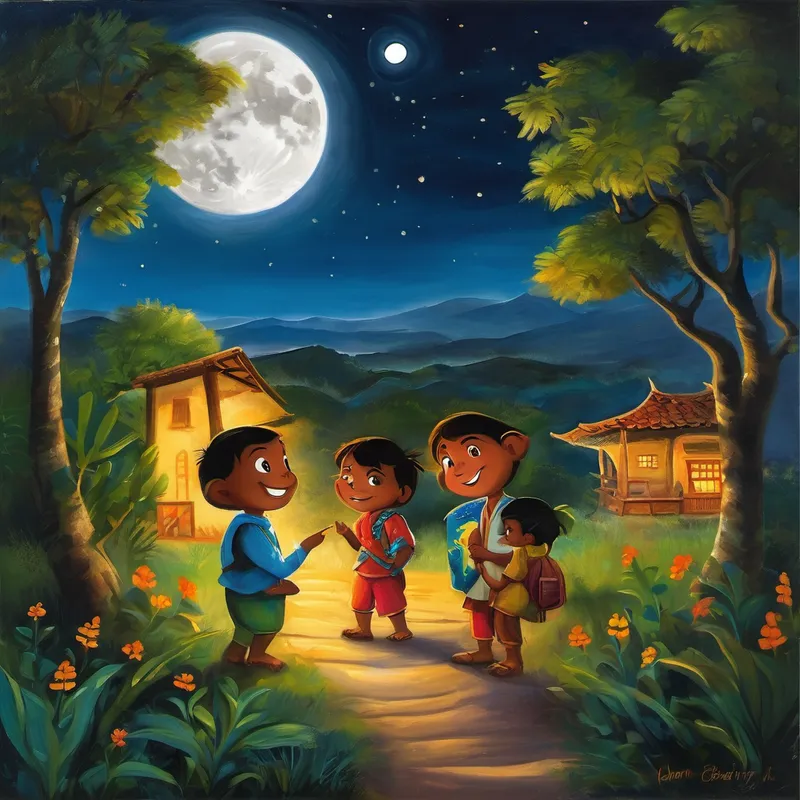 From that day forward, the village flourished with friendships and a newfound appreciation for curiosity and adventure. Bittu and Chintu, forever grateful for their moon adventure, continued to explore the world together, making countless memories along the way. And so, dear friend, the next time you see the moon shining brightly in the night sky, remember the tale of Bittu, Chintu, and the Moon Bananas. Remember that exploring new things with friends makes adventures colorful. Embrace curiosity, listen well, and never be afraid to reach for the stars. Sweet dreams!