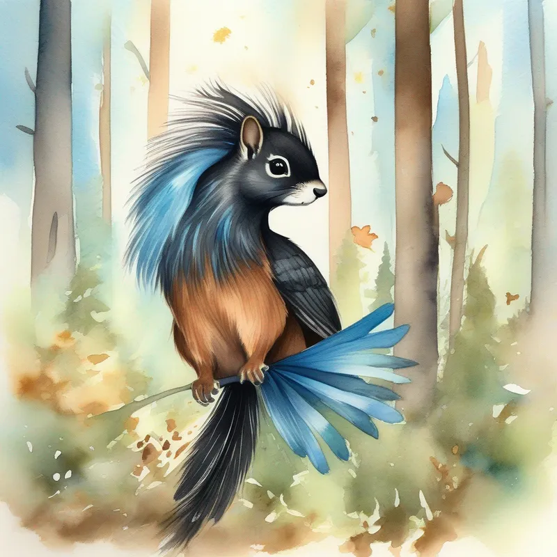 Forest with tall trees, blue sky, Black feathers, shiny beak, and a playful twinkle in his eyes and Furry brown squirrel, wearing a tiny ribbon on her tail