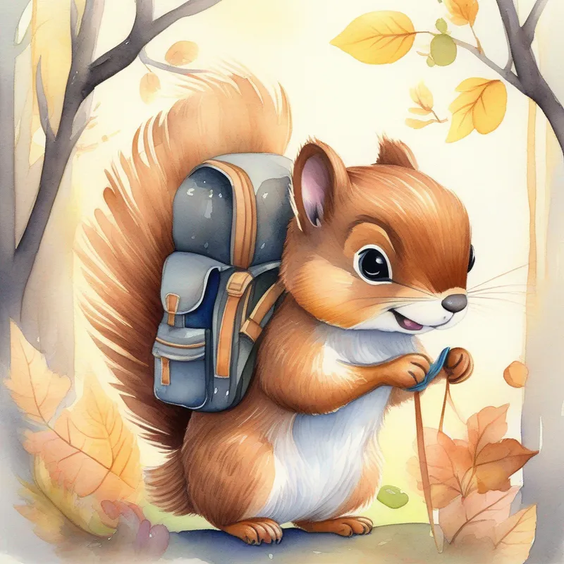 Sunny morning, Black feathers, shiny beak, and a playful twinkle in his eyes and Furry brown squirrel, wearing a tiny ribbon on her tail packing their backpacks