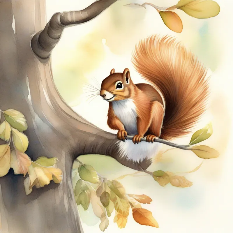 Talking tree with smiling face, Black feathers, shiny beak, and a playful twinkle in his eyes and Furry brown squirrel, wearing a tiny ribbon on her tail listening attentively