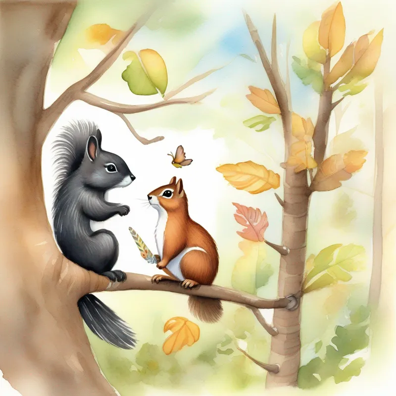 Talking tree sharing treasure hunt clues, Black feathers, shiny beak, and a playful twinkle in his eyes and Furry brown squirrel, wearing a tiny ribbon on her tail excitedly