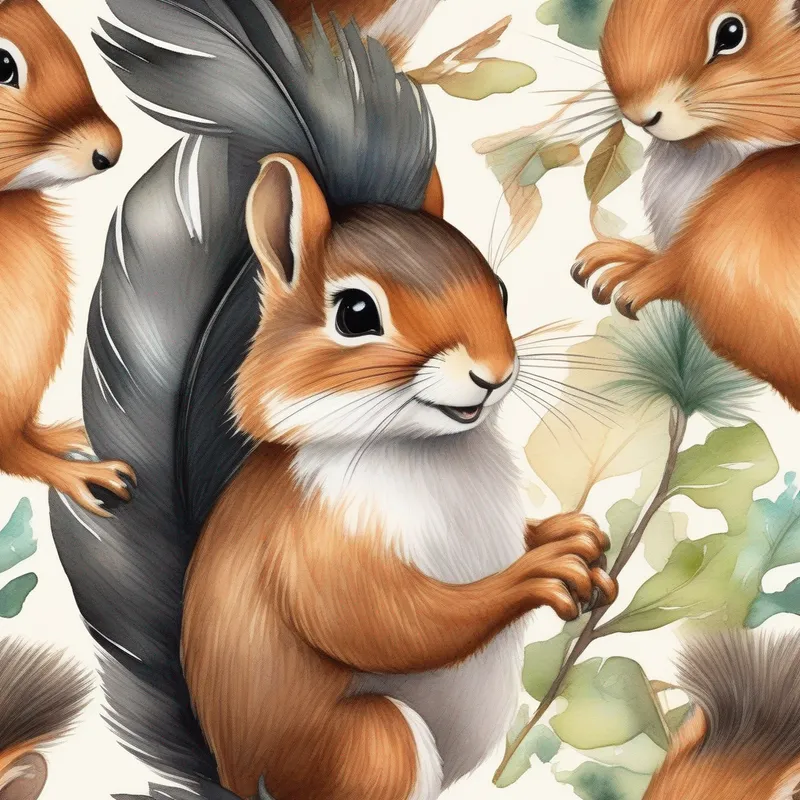 Black feathers, shiny beak, and a playful twinkle in his eyes and Furry brown squirrel, wearing a tiny ribbon on her tail exploring different locations, following clues
