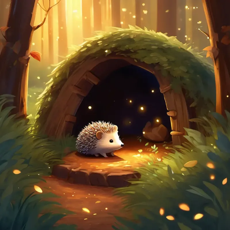 In a cozy, leaf-covered burrow, A small brown hedgehog with a cozy leaf-covered burrow, a small brown hedgehog, tiptoes through the forest filled with twinkling stars and glowing fireflies.