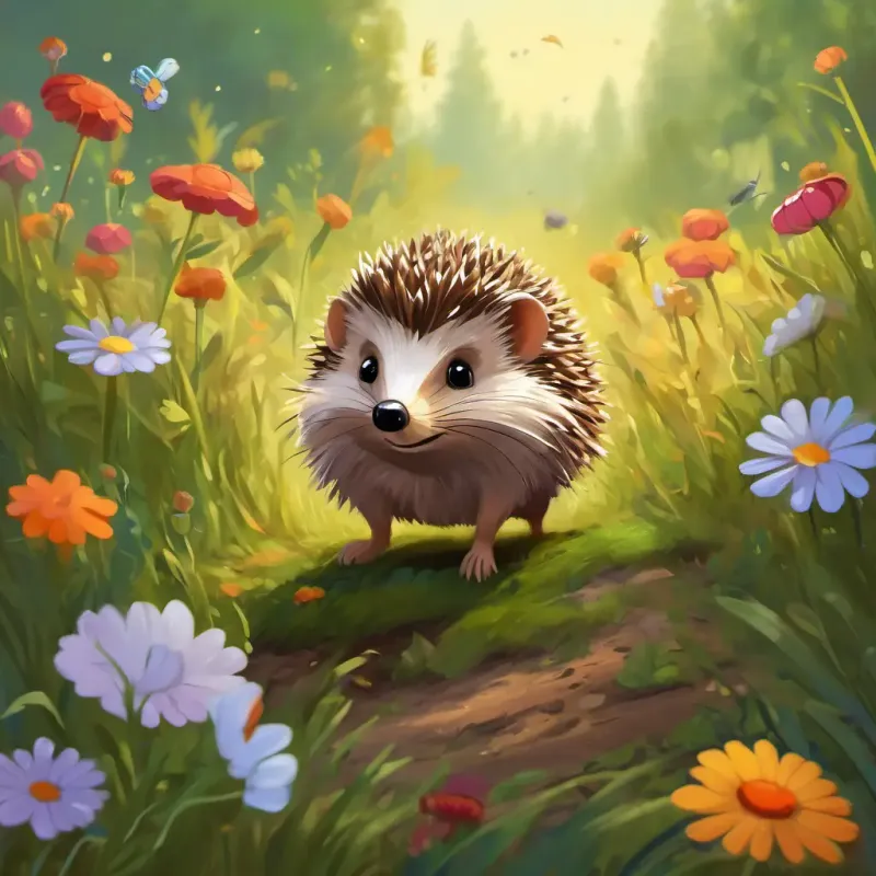 A small brown hedgehog with a cozy leaf-covered burrow follows the sound of the crickets, encountering colorful flowers and friendly insects as he dances his way to the open meadow.