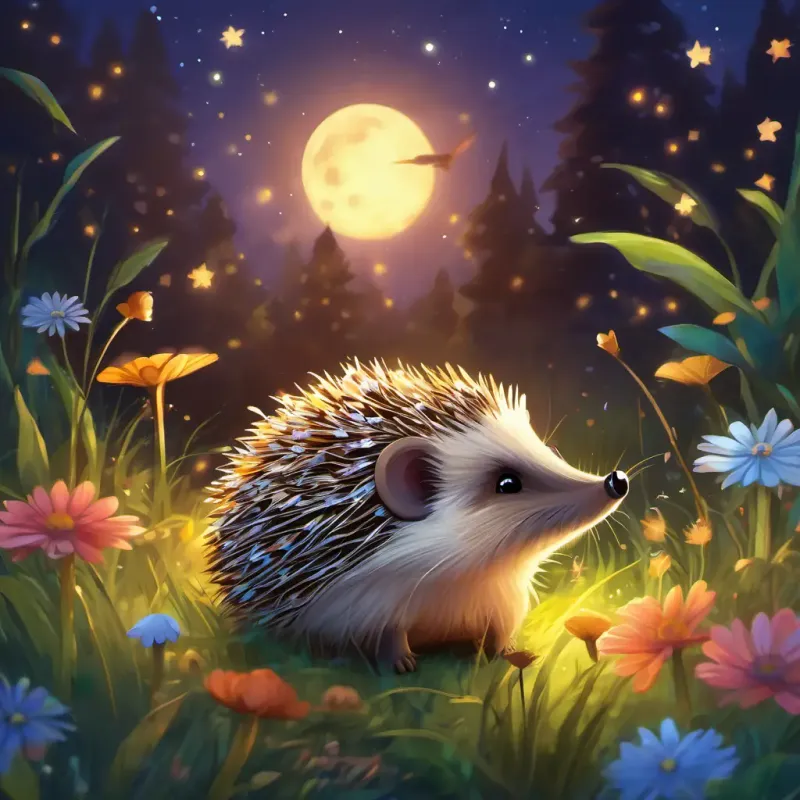 In the moonlit meadow, A small brown hedgehog with a cozy leaf-covered burrow meets A radiant firefly with glowing wings, surrounded by colorful wildflowers and buzzing fireflies, a radiant firefly with glowing wings, who illuminates the night with his warm light.