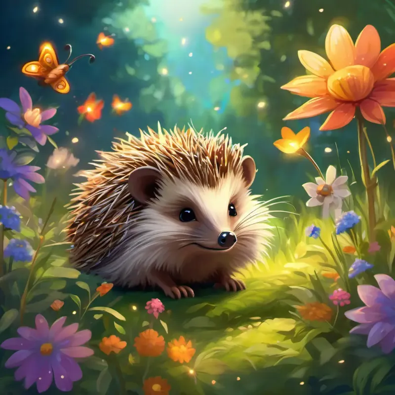 A small brown hedgehog with a cozy leaf-covered burrow and A radiant firefly with glowing wings, surrounded by colorful wildflowers and buzzing fireflies twirl and giggle together, painting the night with their laughter, surrounded by colorful wildflowers and buzzing fireflies.