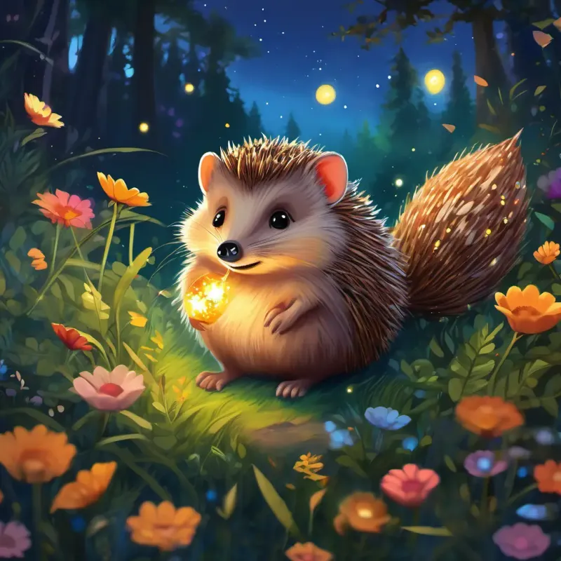 Sitting under a glittering sky, A small brown hedgehog with a cozy leaf-covered burrow and A radiant firefly with glowing wings, surrounded by colorful wildflowers and buzzing fireflies share a heartwarming moment, surrounded by the calming presence of the nocturnal forest.