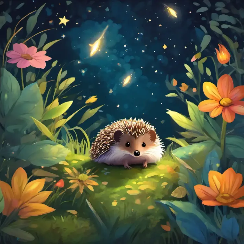 A small brown hedgehog with a cozy leaf-covered burrow returns to his cozy burrow, nestled in a soft bed of leaves, falling asleep with the image of A radiant firefly with glowing wings, surrounded by colorful wildflowers and buzzing fireflies's glow and the shimmering stars in his mind.