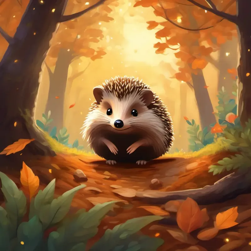 In the tranquil forest, A small brown hedgehog with a cozy leaf-covered burrow drifts into a peaceful slumber, comforted by dreams of friendship and the soothing glow of the stars.